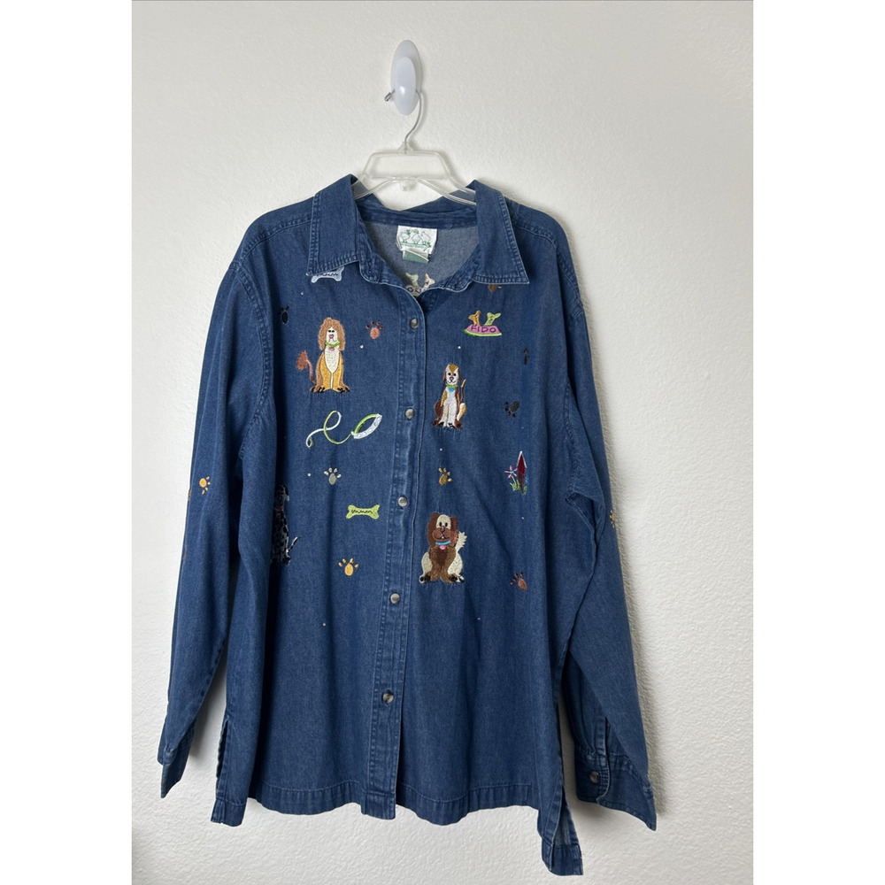 THE QUAKER FACTORY Women Top 3X Plus Size Denim Button Up Embroidered Dogs Fido